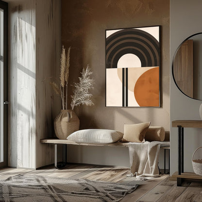 This striking abstract piece combines bold geometric shapes with a palette of earthy tones. Perfect for living-space