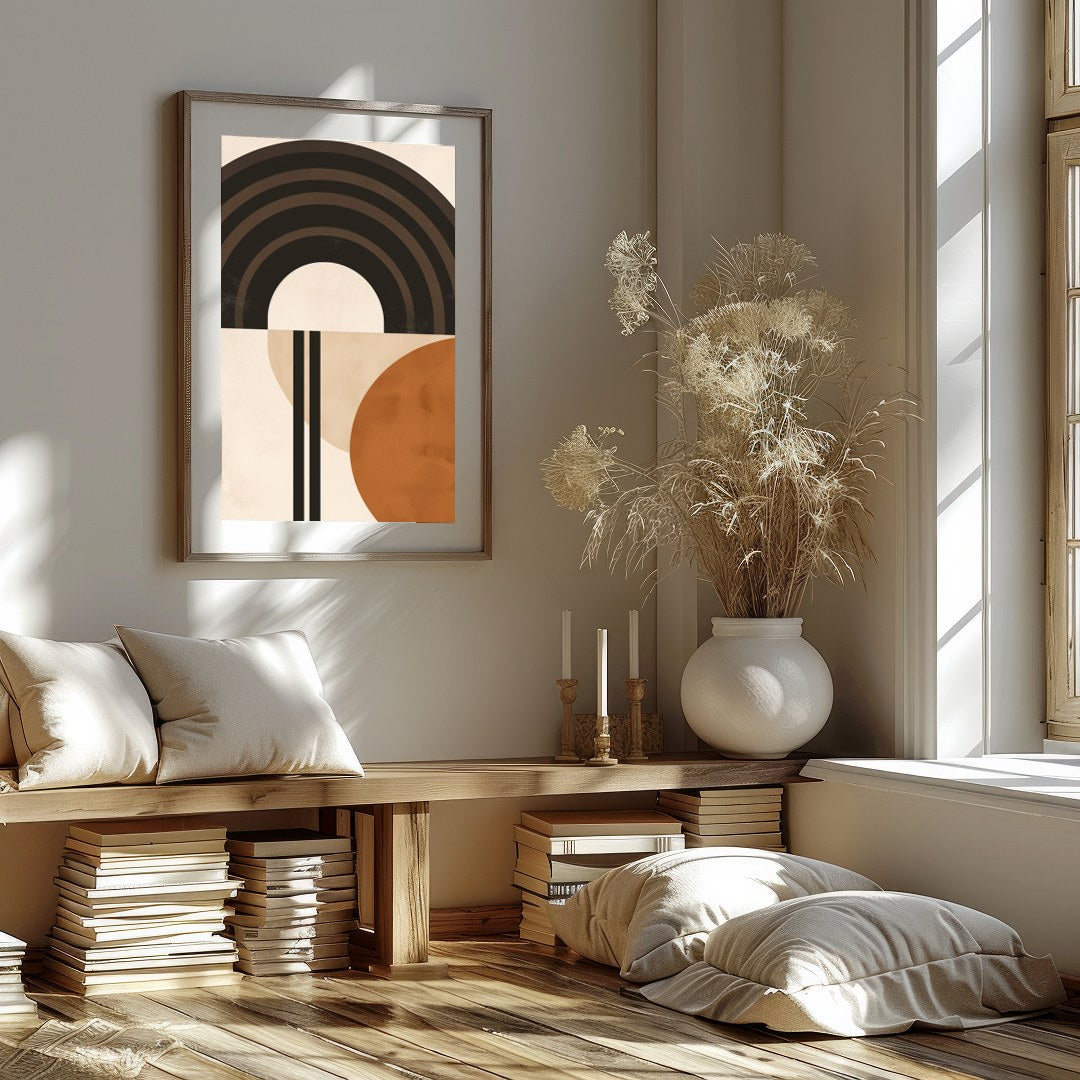 This striking abstract piece combines bold geometric shapes with a palette of earthy tones. Perfect for room
