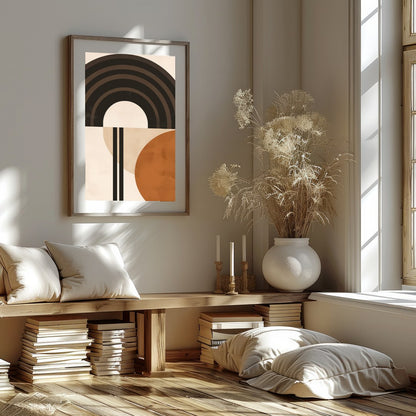 This striking abstract piece combines bold geometric shapes with a palette of earthy tones. Perfect for room