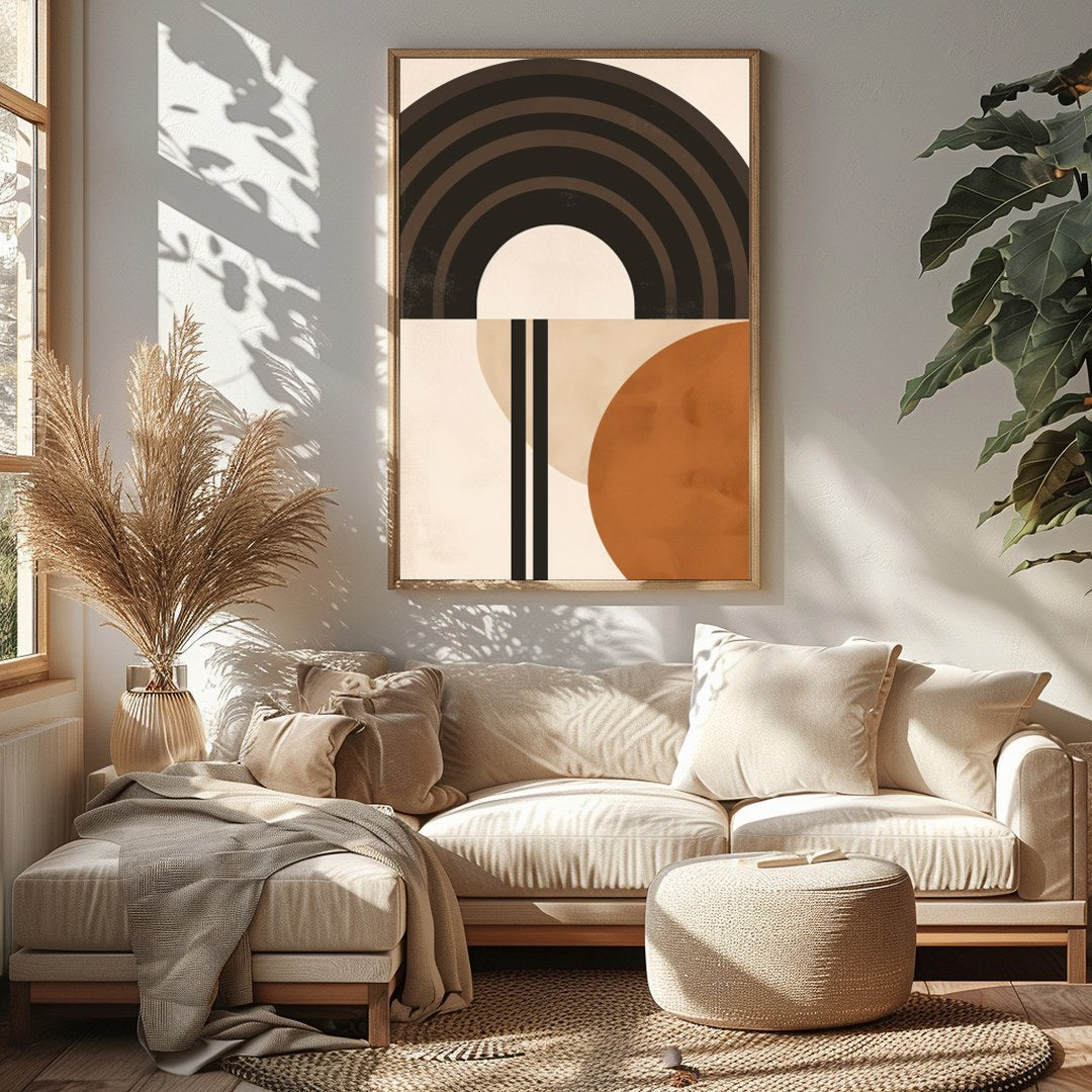 This striking abstract piece combines bold geometric shapes with a palette of earthy tones. Perfect for Sitting Area