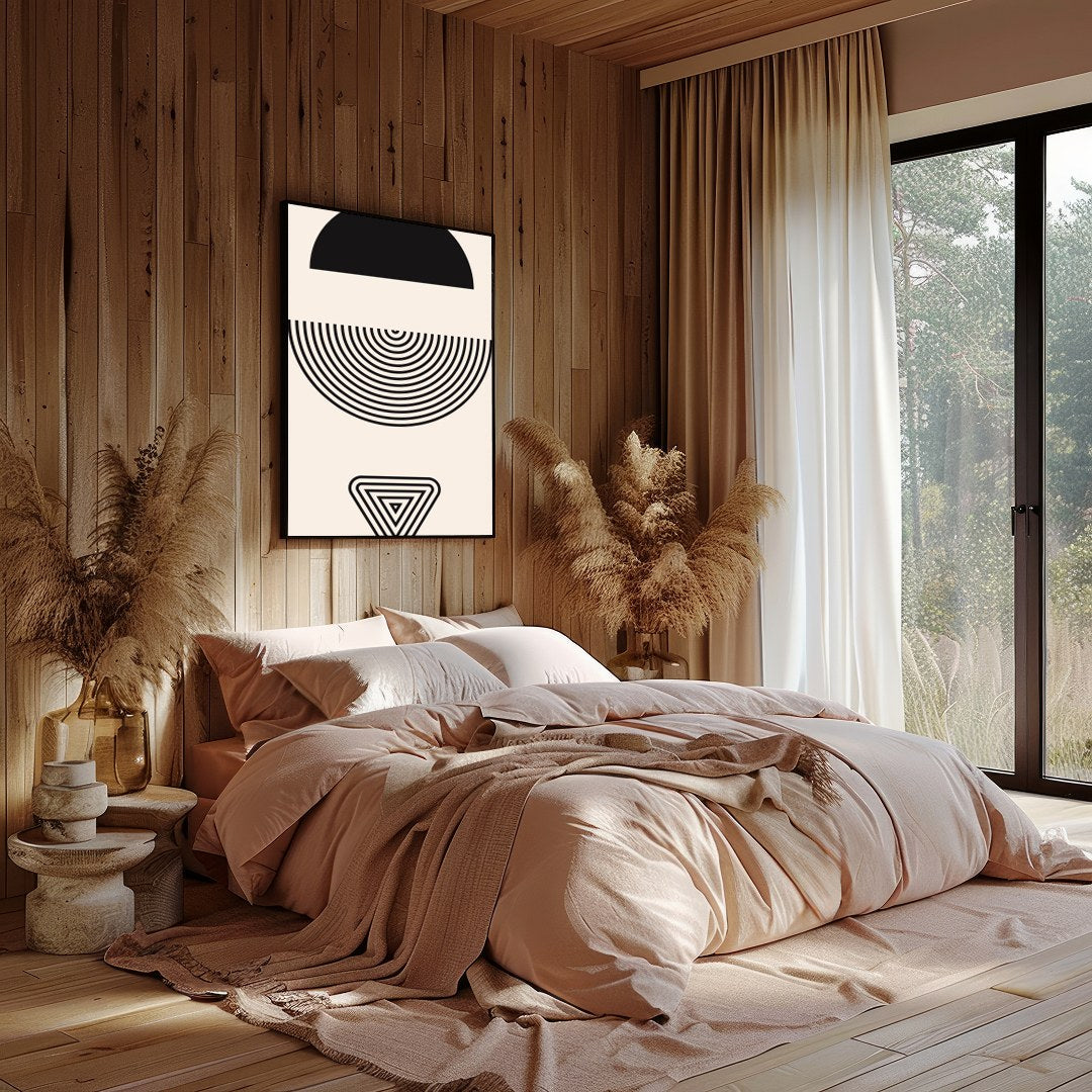 This striking piece of modern wall art elegantly combines simple geometric shapes to create a for Bedroom