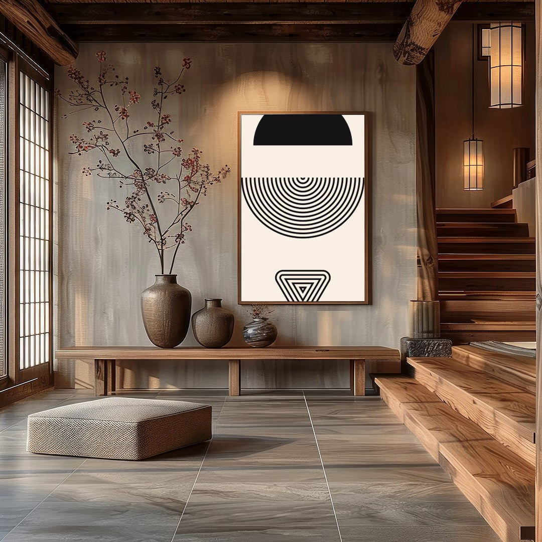 This striking piece of modern wall art elegantly combines simple geometric shapes to create a for Hall