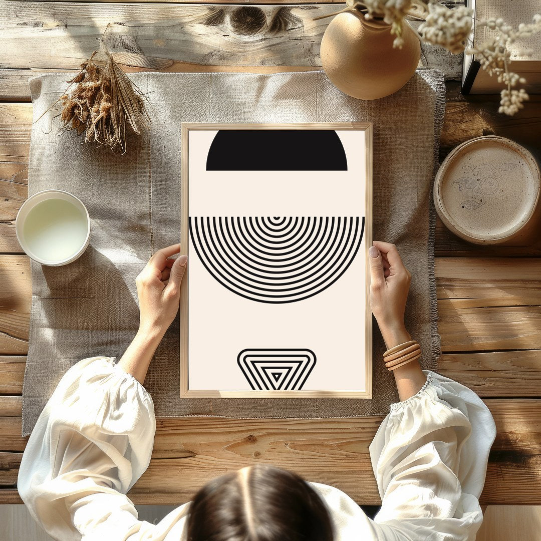 This striking piece of modern wall art elegantly combines simple geometric shapes to create a for Kitchen