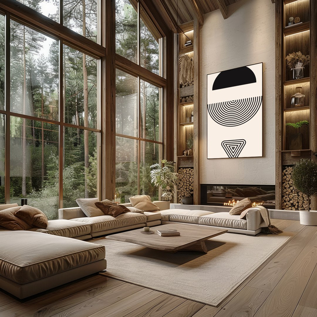 This striking piece of modern wall art elegantly combines simple geometric shapes to create a for Living Room