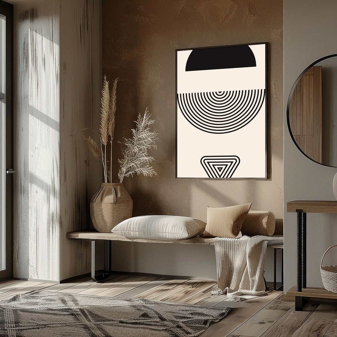 This striking piece of modern wall art elegantly combines simple geometric shapes to create a for residence