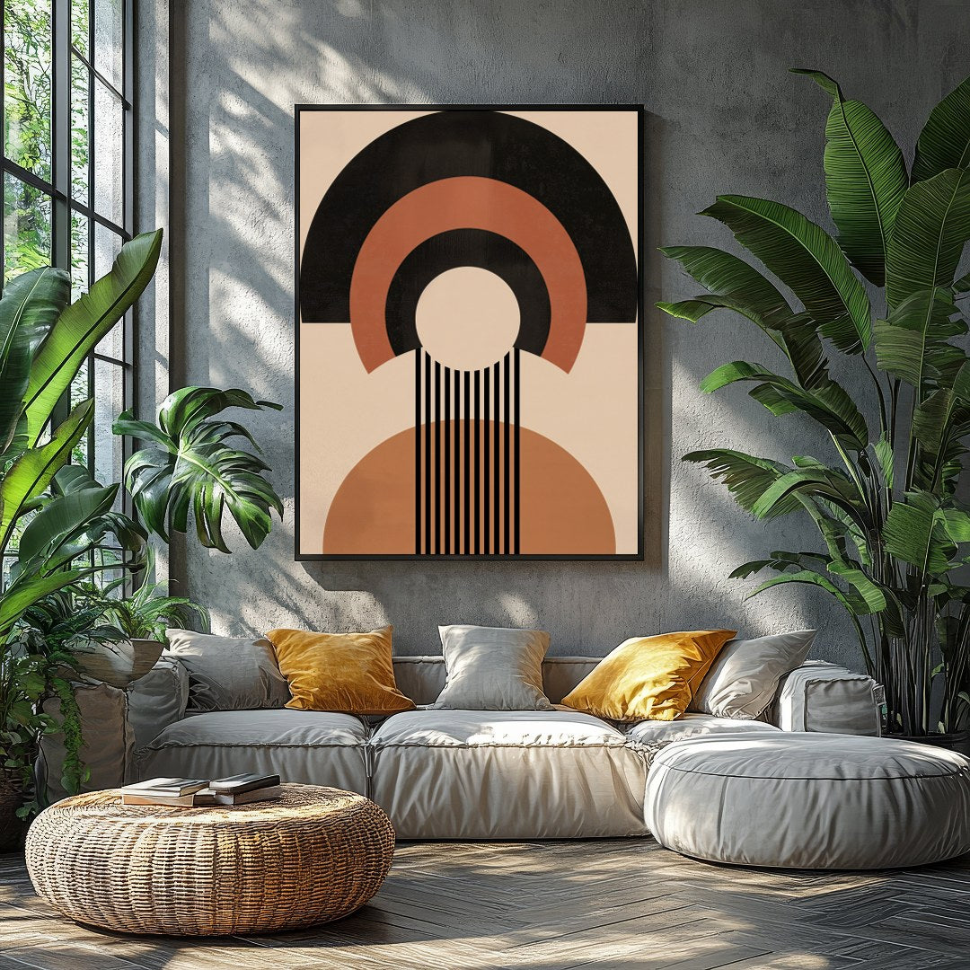 Elevate your space with this captivating geometric masterpiece, featuring bold shapes in warm earth for Balcony