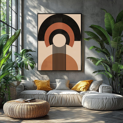 Elevate your space with this captivating geometric masterpiece, featuring bold shapes in warm earth for Balcony