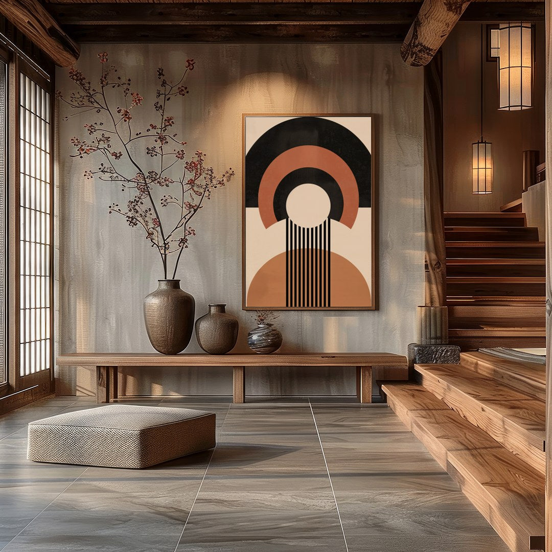 Elevate your space with this captivating geometric masterpiece, featuring bold shapes in warm earth for Hall