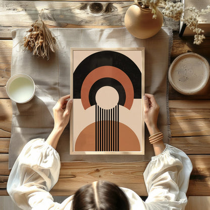 Elevate your space with this captivating geometric masterpiece, featuring bold shapes in warm earth for Kitchen