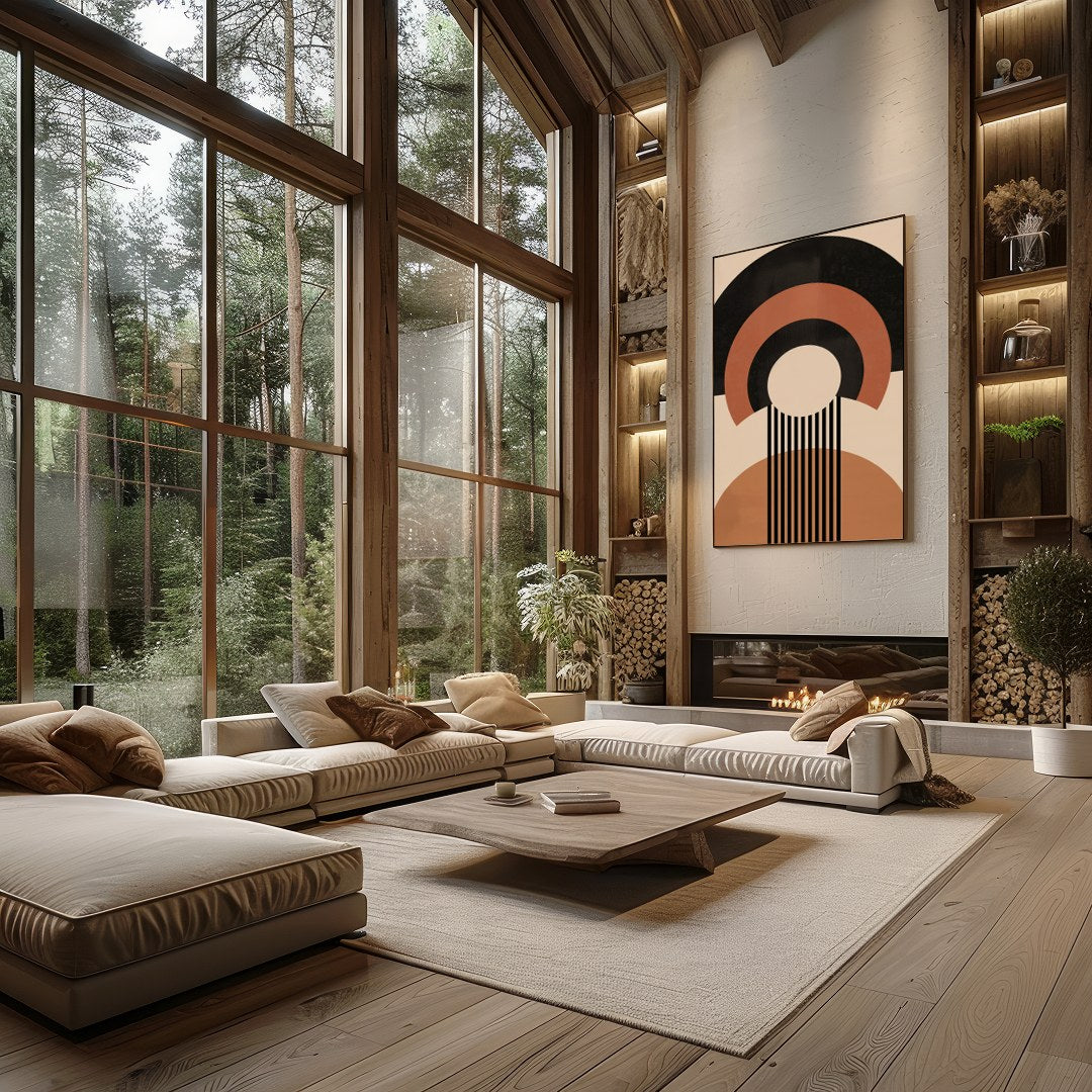 Elevate your space with this captivating geometric masterpiece, featuring bold shapes in warm earth for Living Room