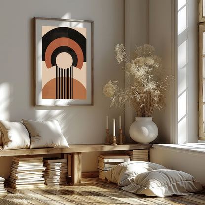 Elevate your space with this captivating geometric masterpiece, featuring bold shapes in warm earth for place