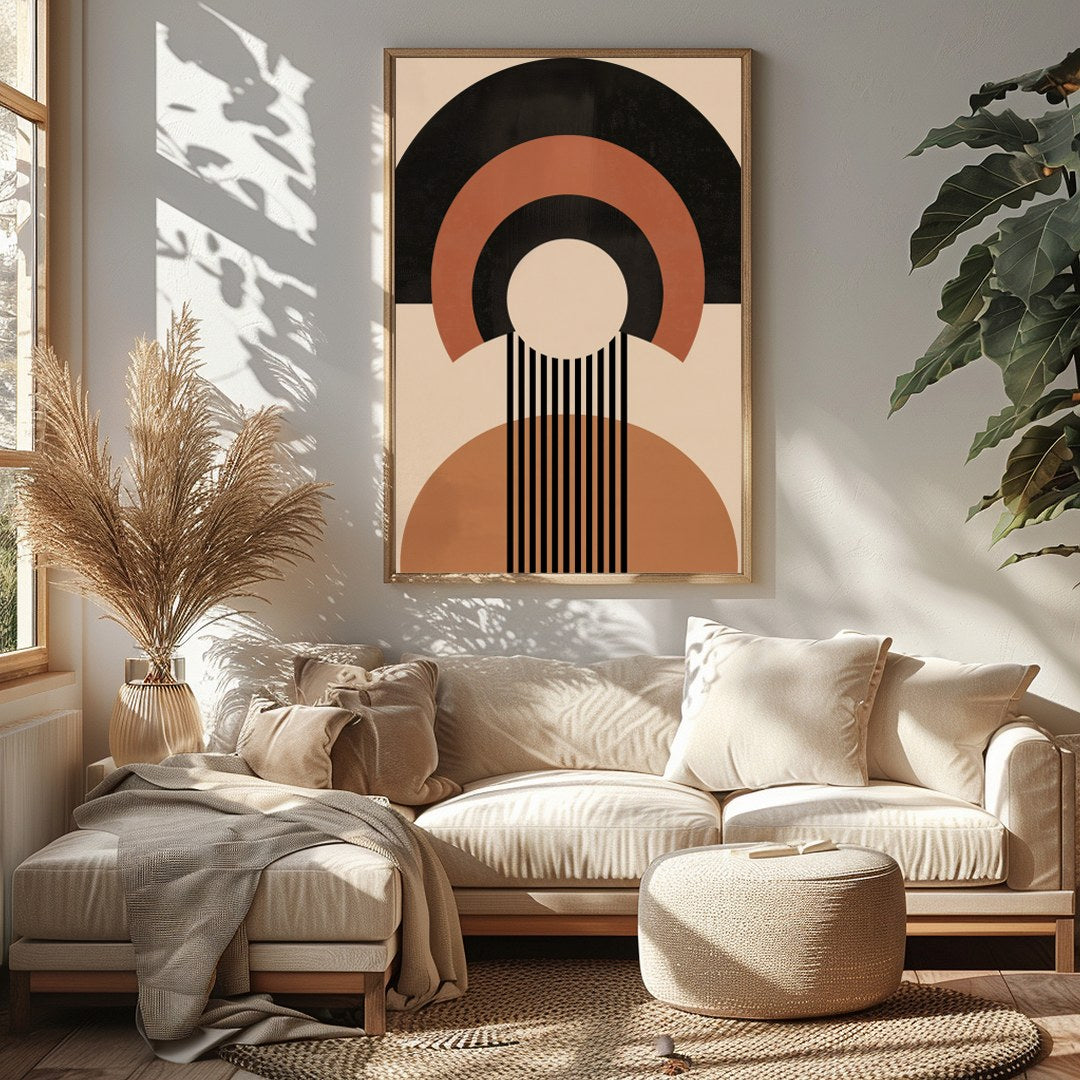 Elevate your space with this captivating geometric masterpiece, featuring bold shapes in warm earth for Sitting Area