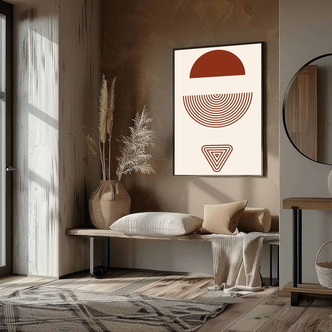 Explore the quiet elegance of geometric shapes with this stunning artwork, featuring rich earth for place