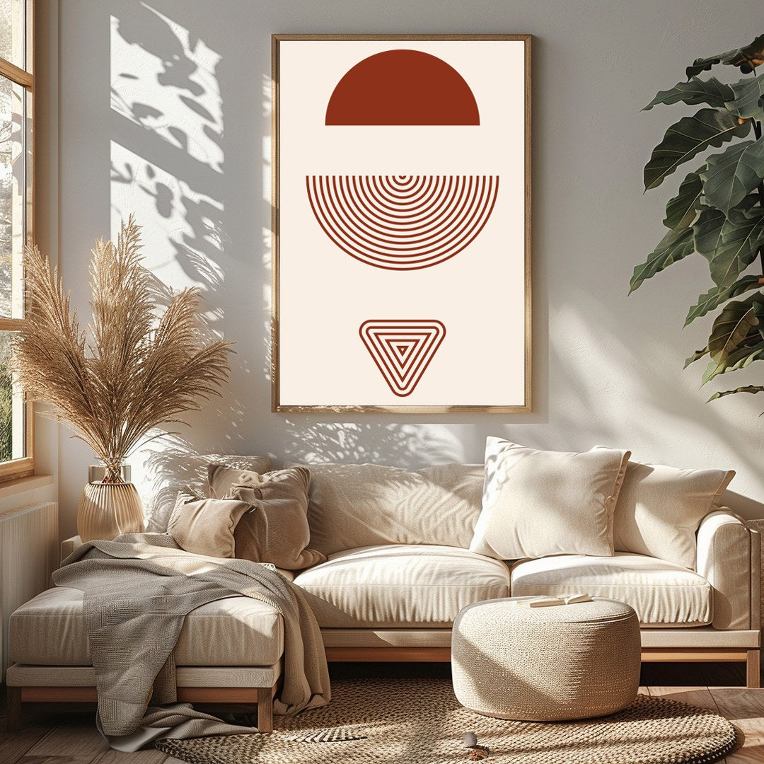 Explore the quiet elegance of geometric shapes with this stunning artwork, featuring rich earth for Sitting Area