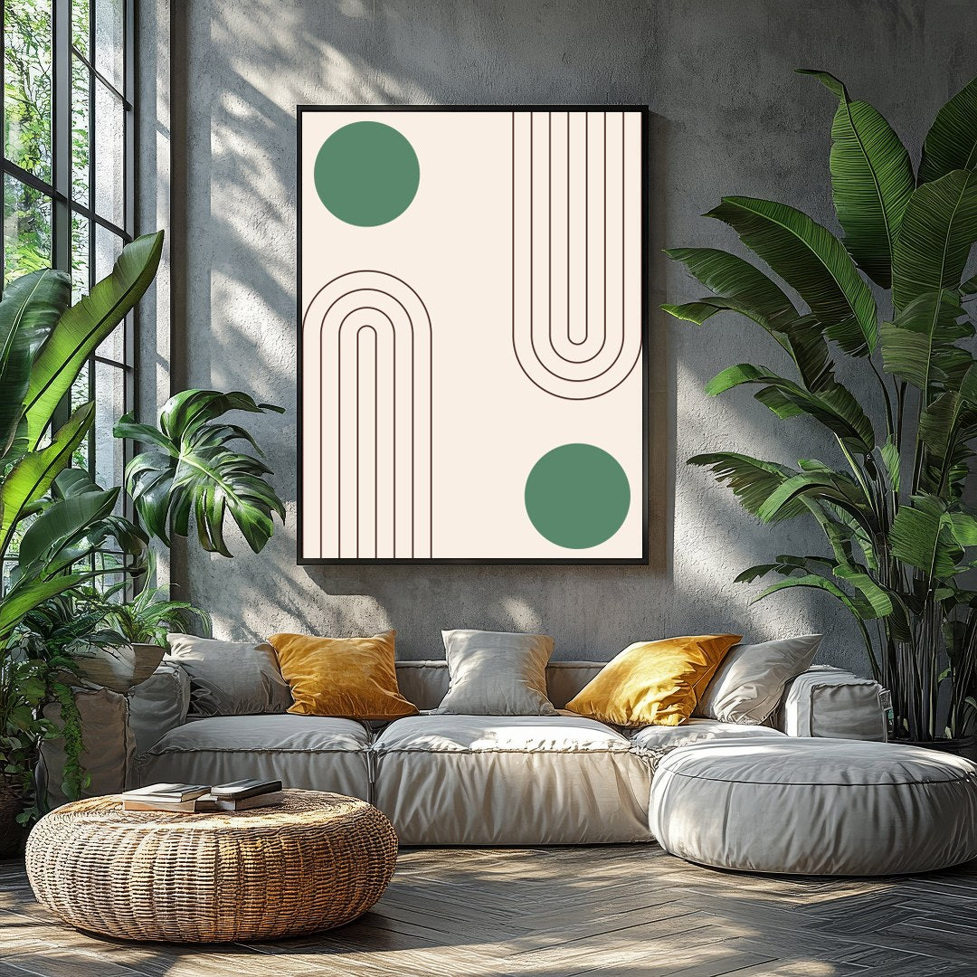 This captivating artwork features a balance of simple geometric forms on a soothing beige backdrop, for Balcony