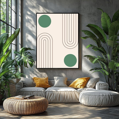 This captivating artwork features a balance of simple geometric forms on a soothing beige backdrop, for Balcony