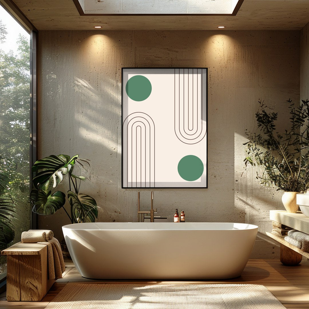 This captivating artwork features a balance of simple geometric forms on a soothing beige backdrop, for Bathroom