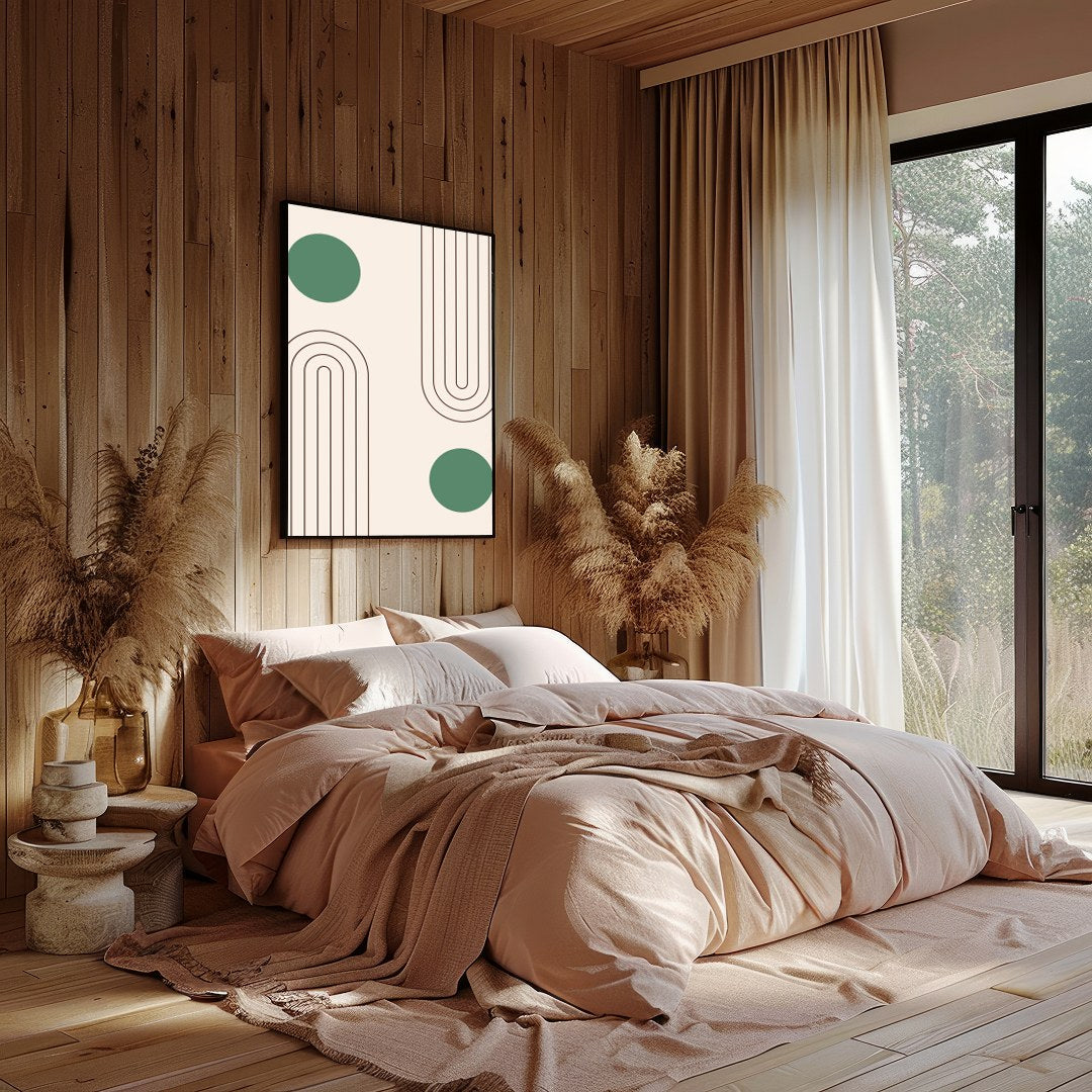 This captivating artwork features a balance of simple geometric forms on a soothing beige backdrop, for Bedroom