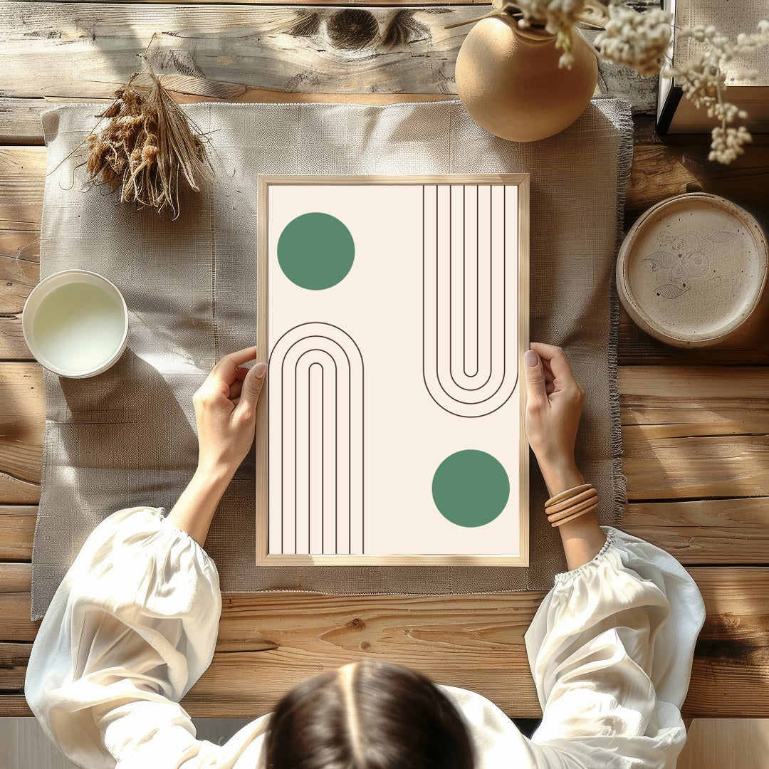 This captivating artwork features a balance of simple geometric forms on a soothing beige backdrop, for decor