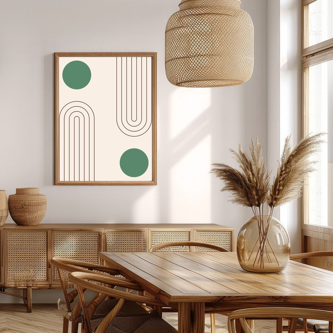 This captivating artwork features a balance of simple geometric forms on a soothing beige backdrop, for Extra Kitchen