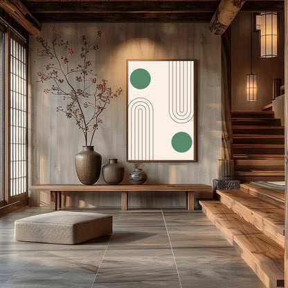 This captivating artwork features a balance of simple geometric forms on a soothing beige backdrop, for Hall