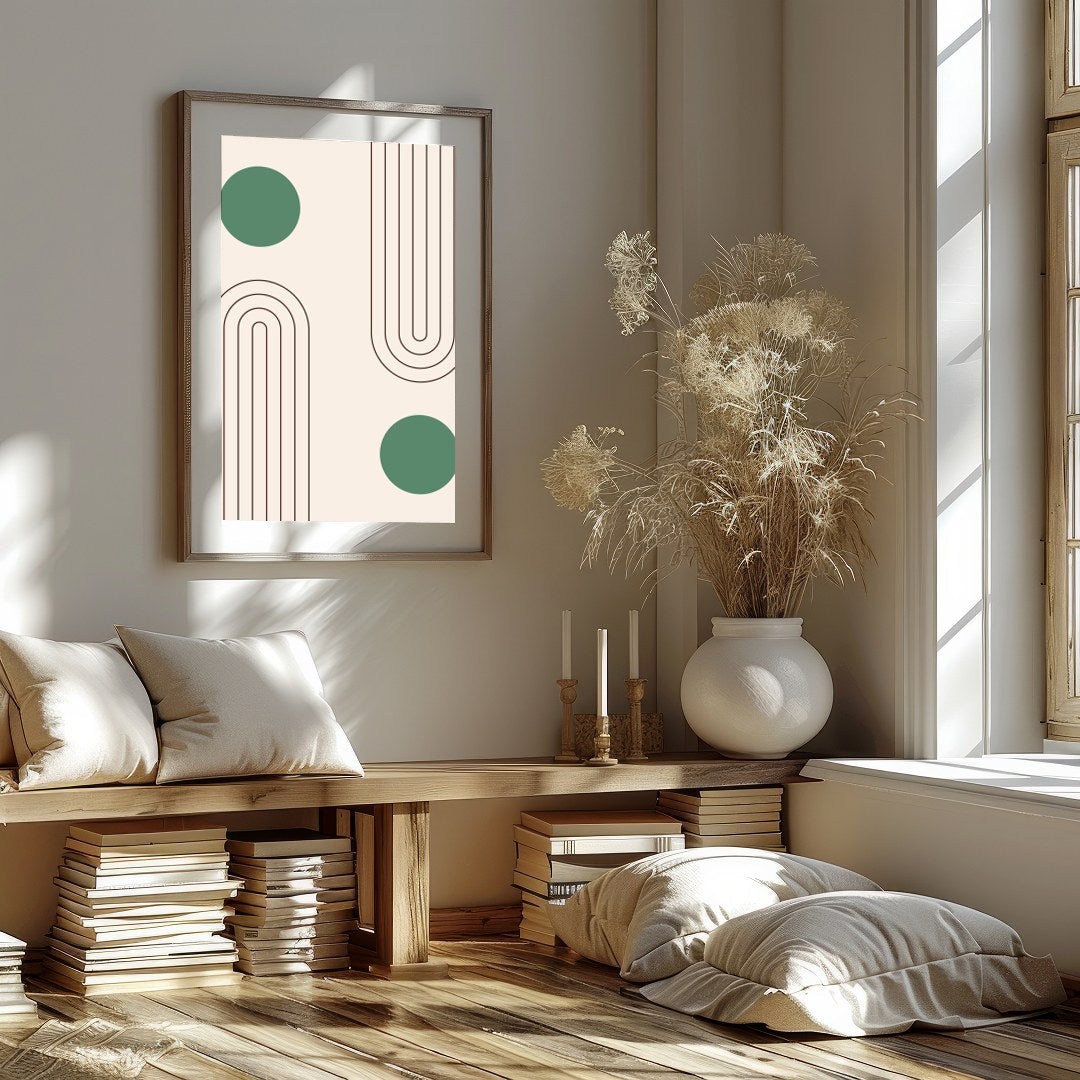 This captivating artwork features a balance of simple geometric forms on a soothing beige backdrop, for interior
