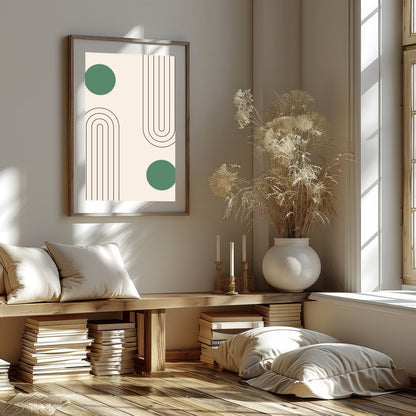 This captivating artwork features a balance of simple geometric forms on a soothing beige backdrop, for interior