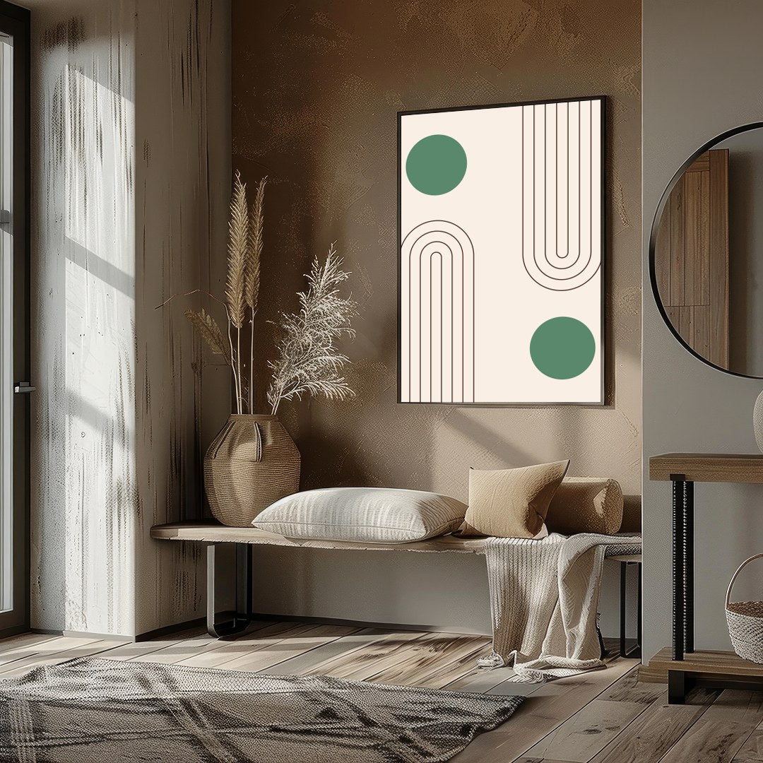 This captivating artwork features a balance of simple geometric forms on a soothing beige backdrop, for kitchen