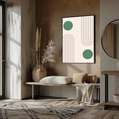 This captivating artwork features a balance of simple geometric forms on a soothing beige backdrop, for kitchen