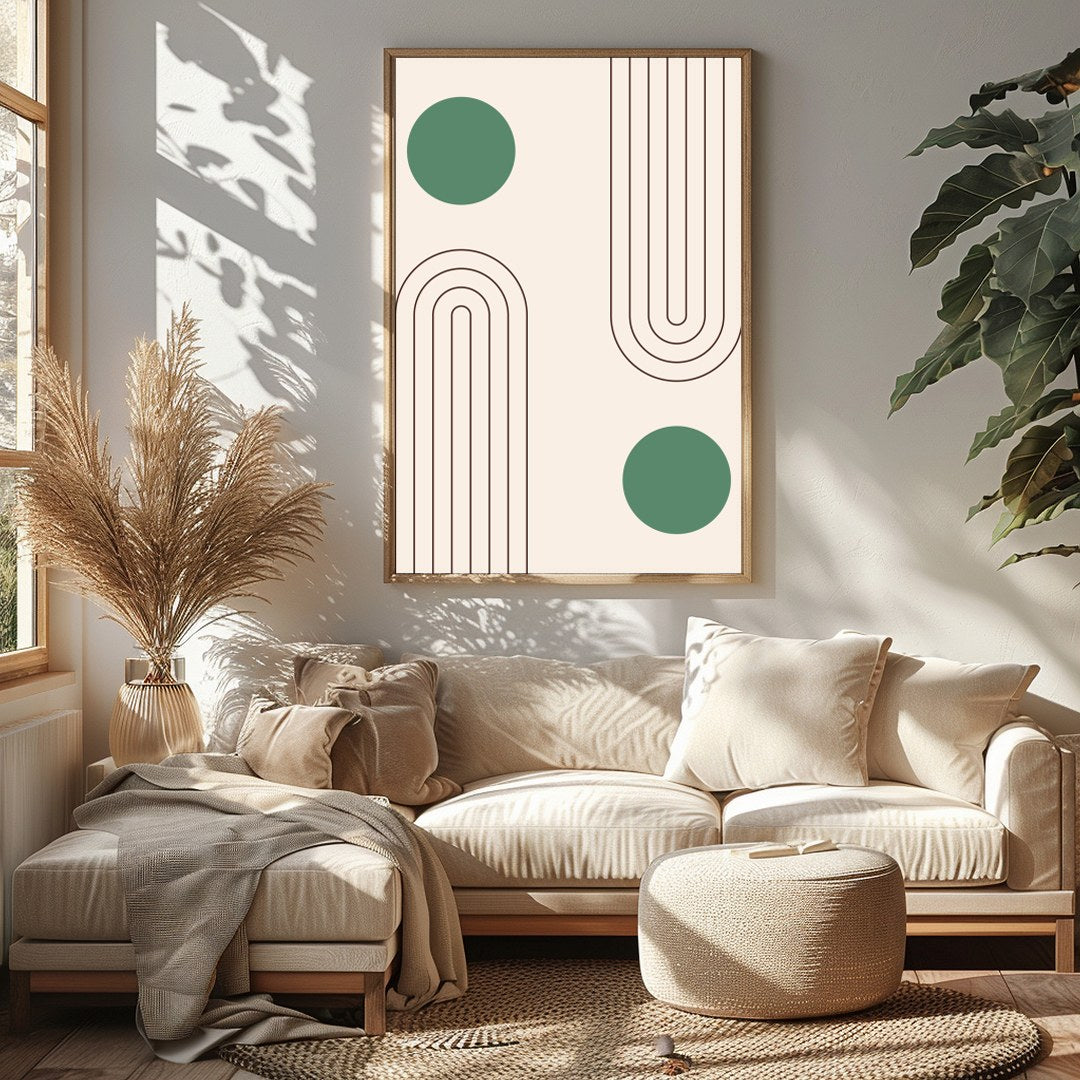 This captivating artwork features a balance of simple geometric forms on a soothing beige backdrop, for Sitting Area