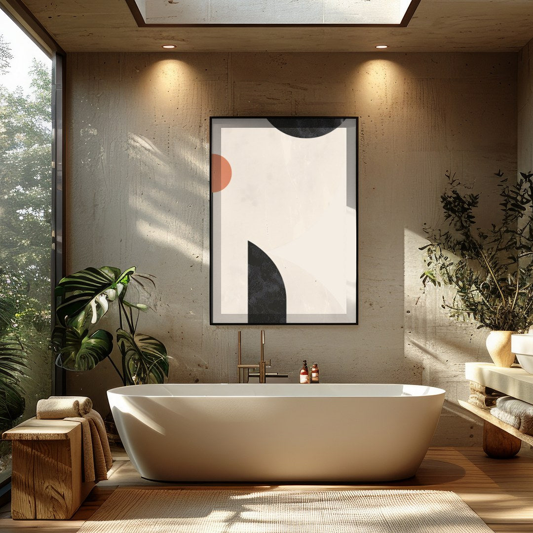 Elevate your space with this minimalist abstract wall art, where circles and arcs intersect in a for Bathroom