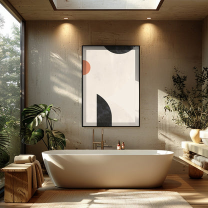 Elevate your space with this minimalist abstract wall art, where circles and arcs intersect in a for Bathroom