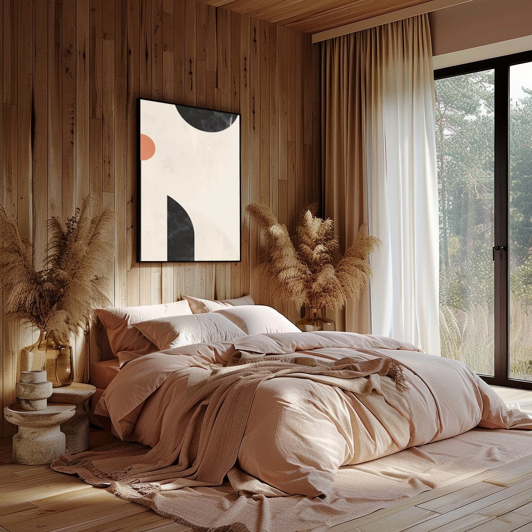 Elevate your space with this minimalist abstract wall art, where circles and arcs intersect in a for Bedroom