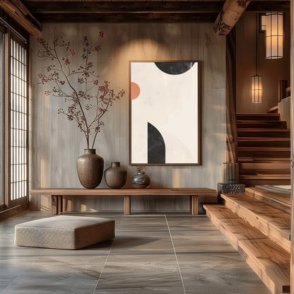 Elevate your space with this minimalist abstract wall art, where circles and arcs intersect in a for Hall