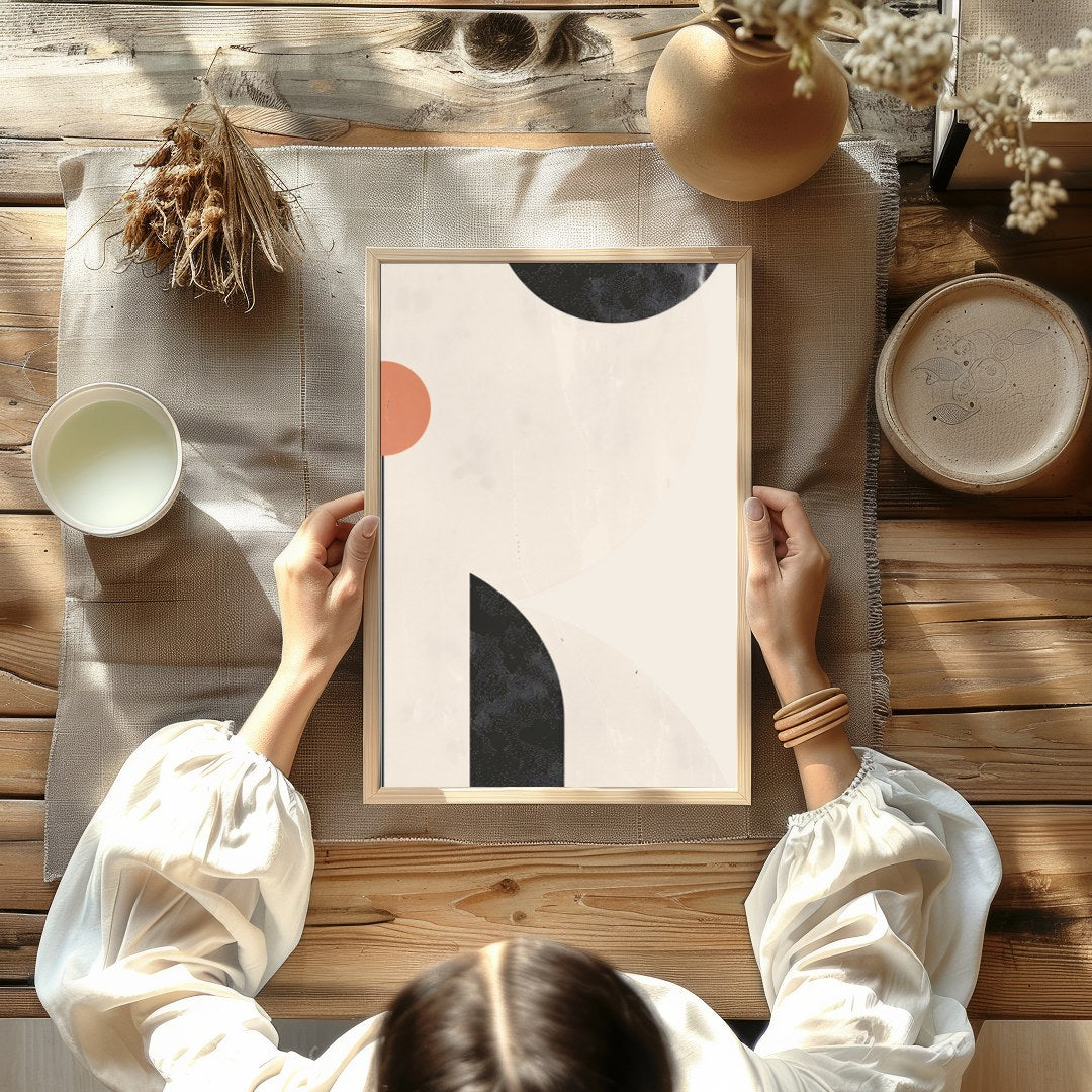 Elevate your space with this minimalist abstract wall art, where circles and arcs intersect in a for Kitchen