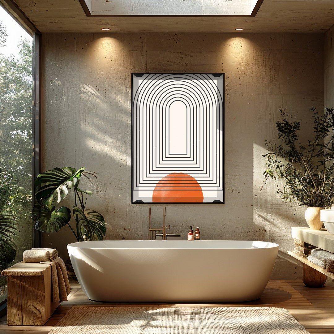 This captivating piece blends geometric precision with bold colors, featuring an arching maze of for Bathroom