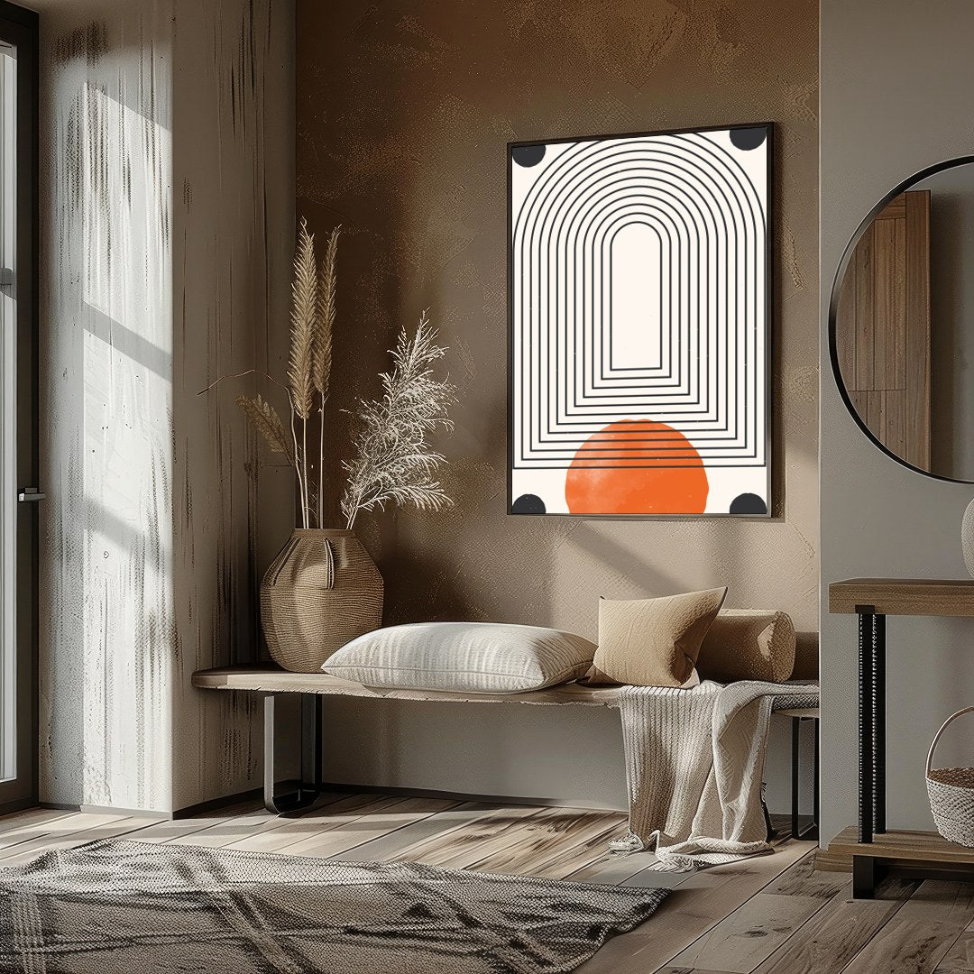 This captivating piece blends geometric precision with bold colors, featuring an arching maze of for room