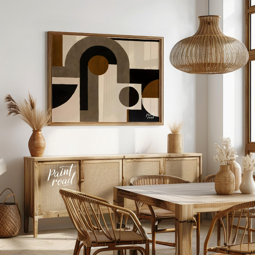 """Geometric Harmony Rug"" presents a striking abstract design featuring bold geometric shapes in a… for dining room