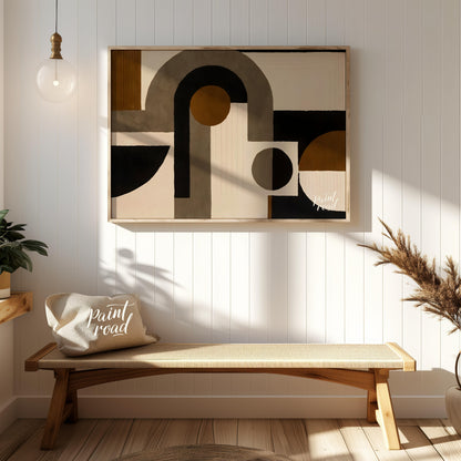 """Geometric Harmony Rug"" presents a striking abstract design featuring bold geometric shapes in a… for entryway