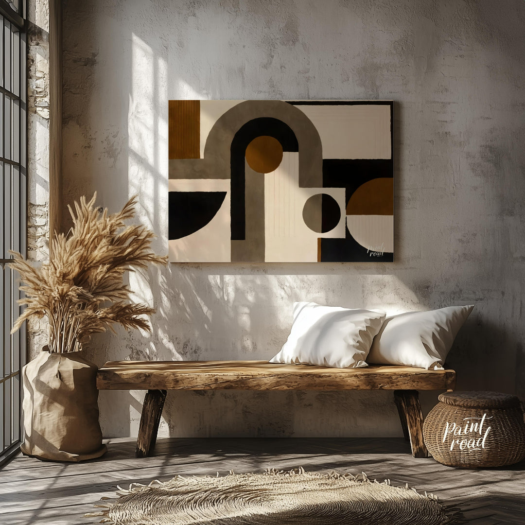"""Geometric Harmony Rug"" presents a striking abstract design featuring bold geometric shapes in a… for entryway