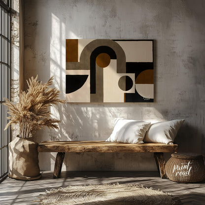 """Geometric Harmony Rug"" presents a striking abstract design featuring bold geometric shapes in a… for entryway