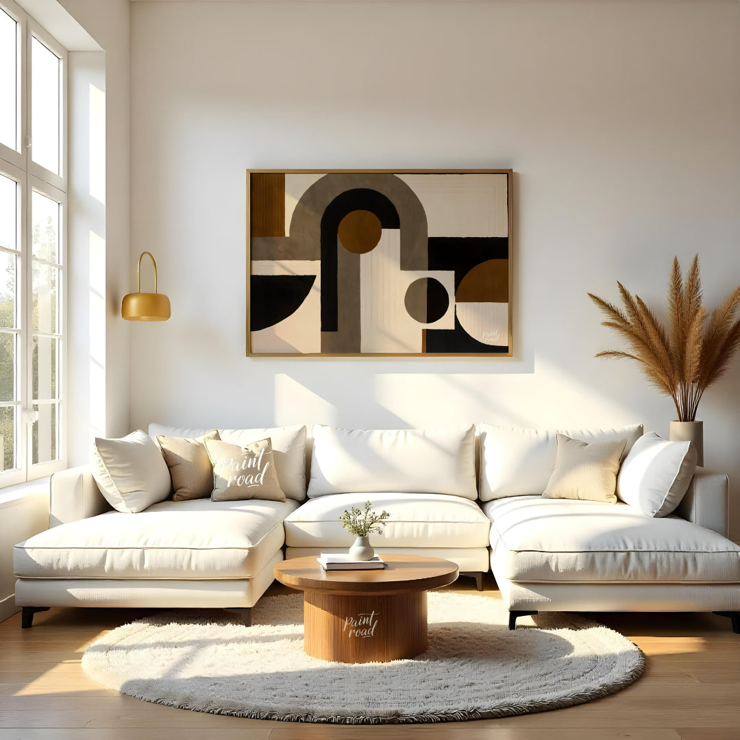 """Geometric Harmony Rug"" presents a striking abstract design featuring bold geometric shapes in a… for living room