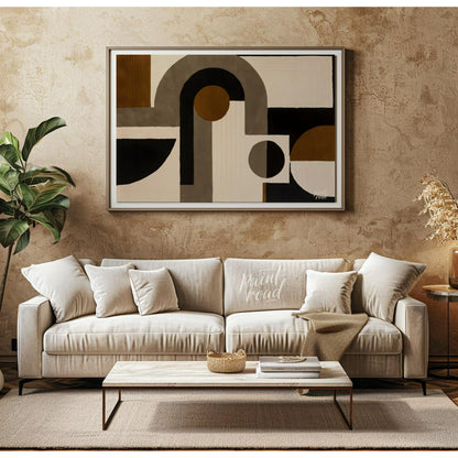 """Geometric Harmony Rug"" presents a striking abstract design featuring bold geometric shapes in a… for living room