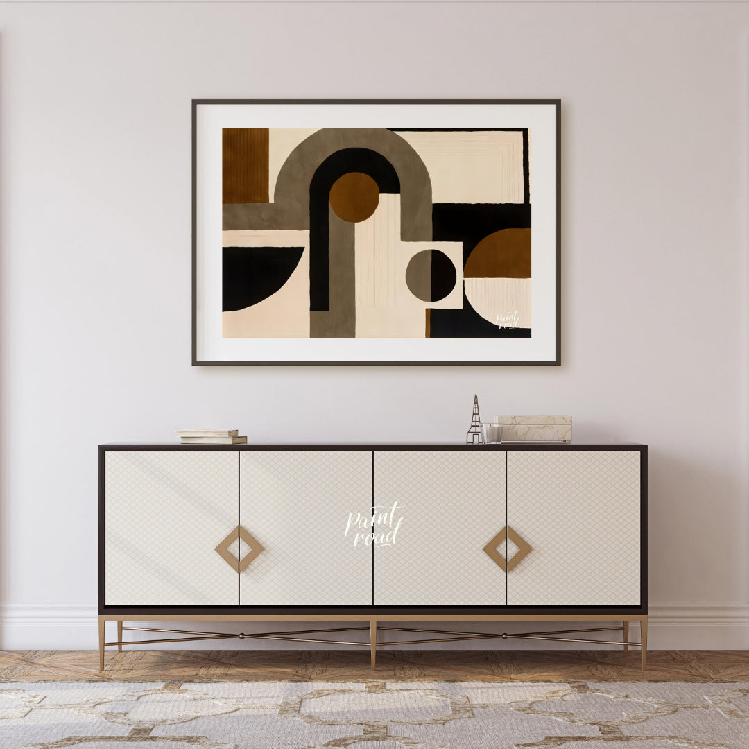 """Geometric Harmony Rug"" presents a striking abstract design featuring bold geometric shapes in a… for living room