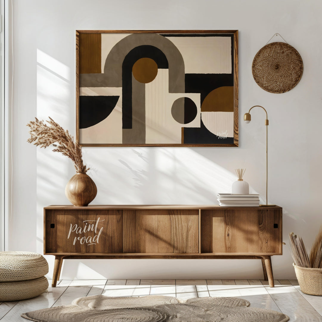 """Geometric Harmony Rug"" presents a striking abstract design featuring bold geometric shapes in a… for living room