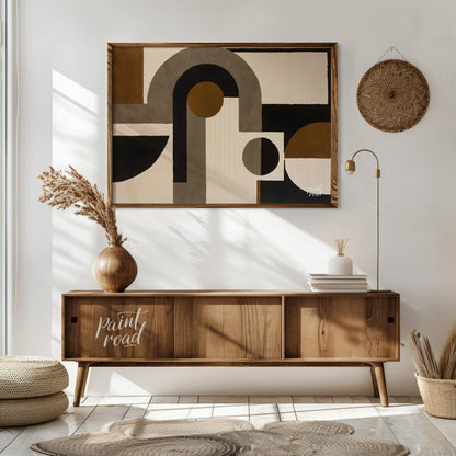 """Geometric Harmony Rug"" presents a striking abstract design featuring bold geometric shapes in a… for living room