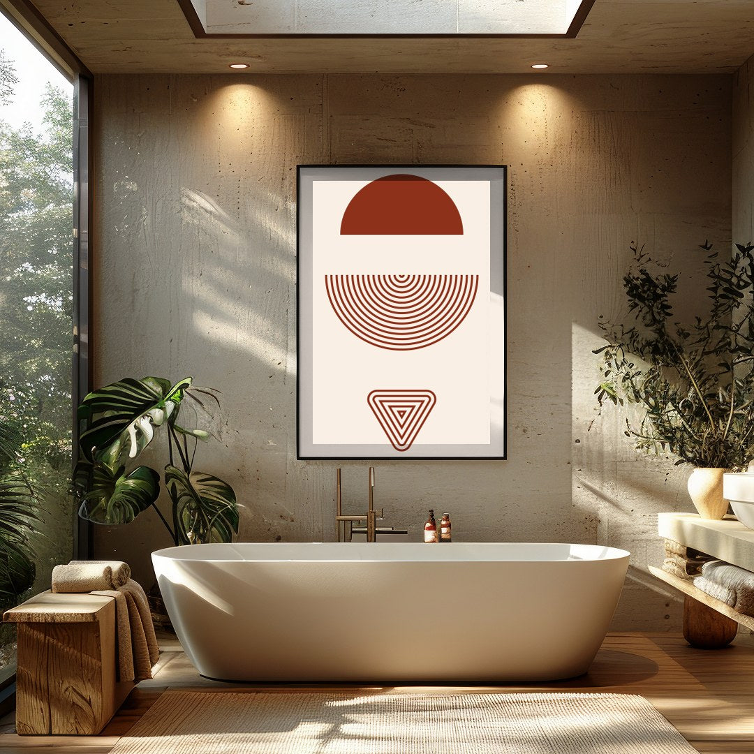 This captivating piece of wall art features a mesmerizing blend of geometric shapes in rich for Bathroom