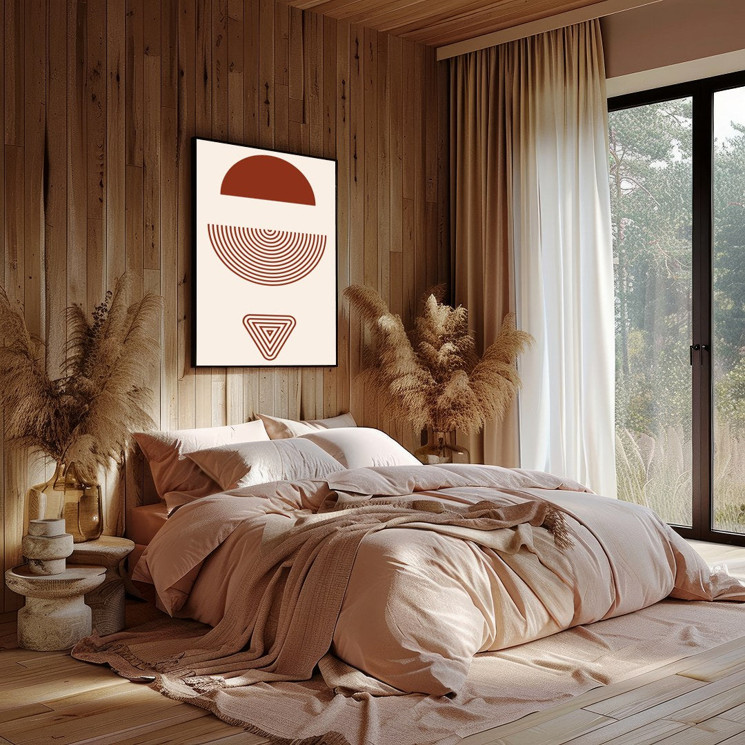 This captivating piece of wall art features a mesmerizing blend of geometric shapes in rich for Bedroom