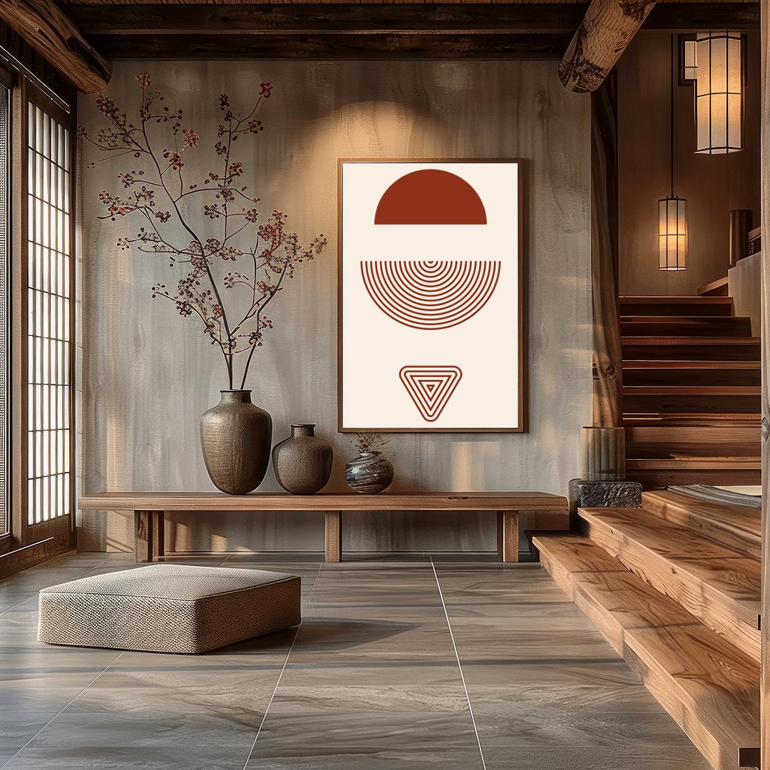 This captivating piece of wall art features a mesmerizing blend of geometric shapes in rich for Hall