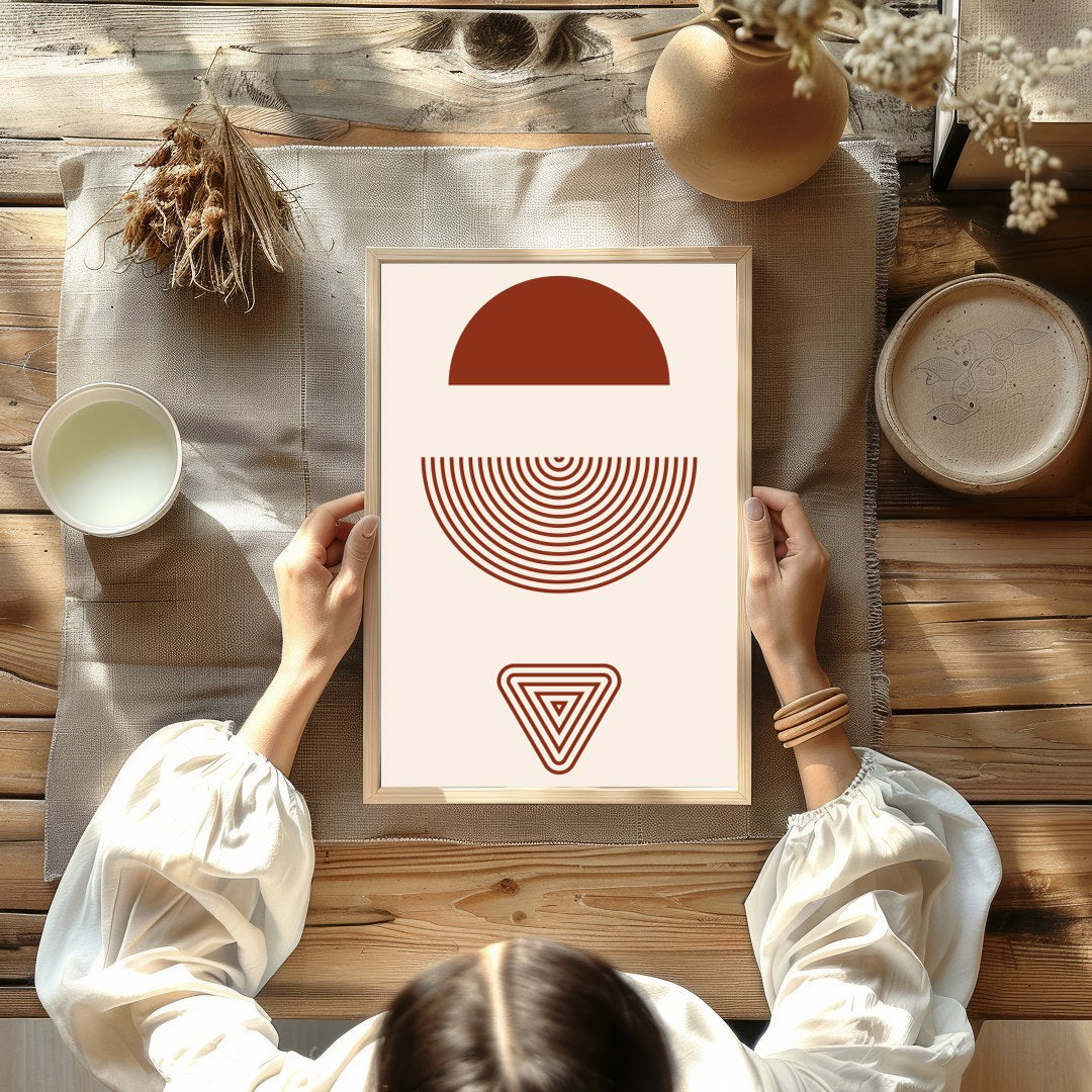 This captivating piece of wall art features a mesmerizing blend of geometric shapes in rich for Kitchen